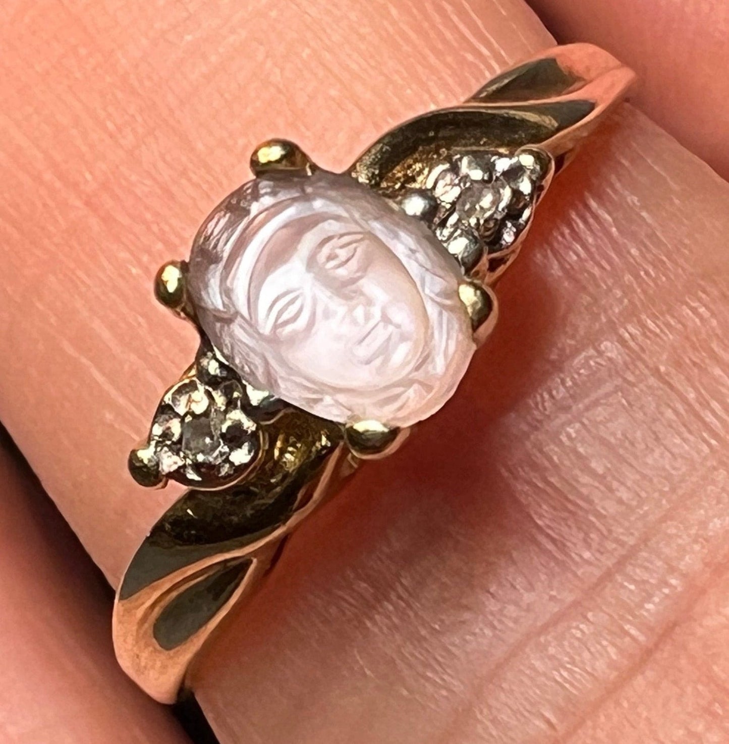 10k Gold Carved Moonstone Goddess Angel Ring w Diamonds. Tiny **Video**