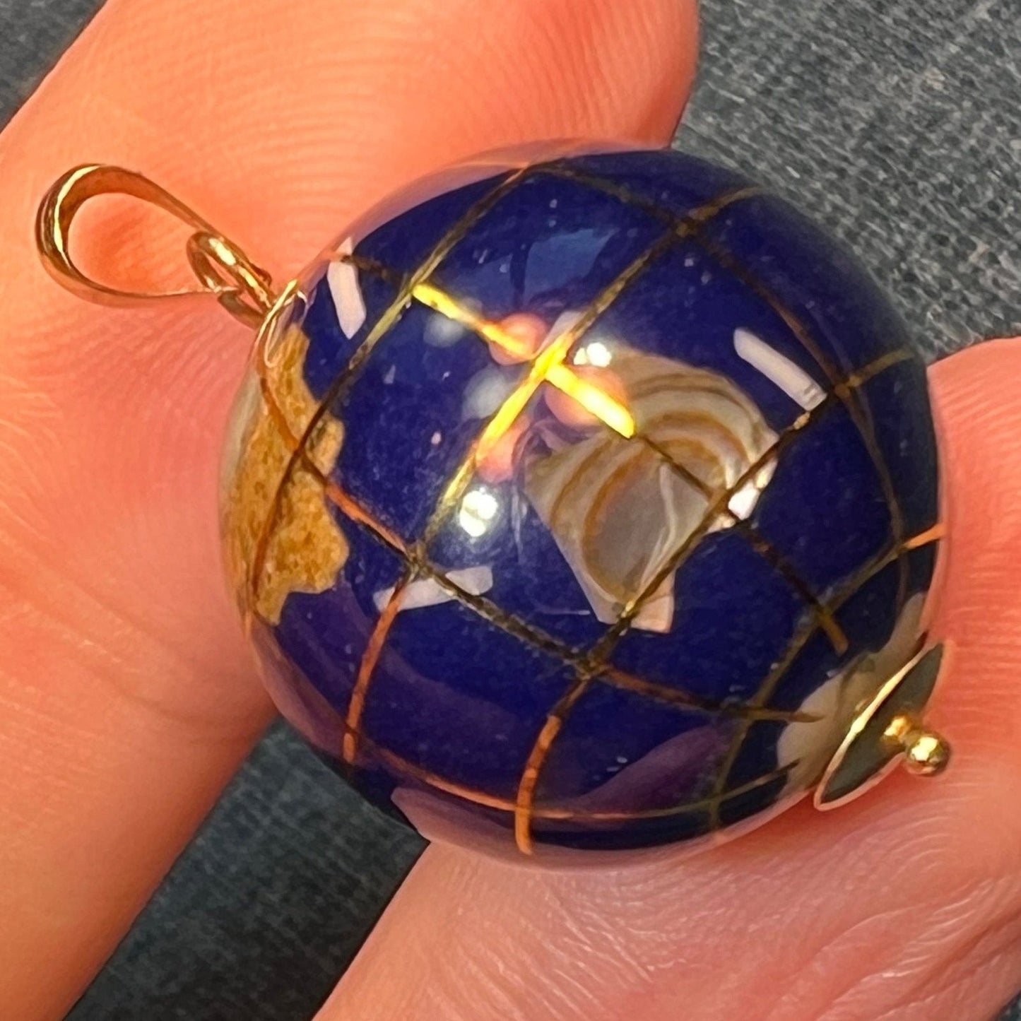 10k Gold Inlaid Gemstone Globe Watch Fob Pendant. Antique