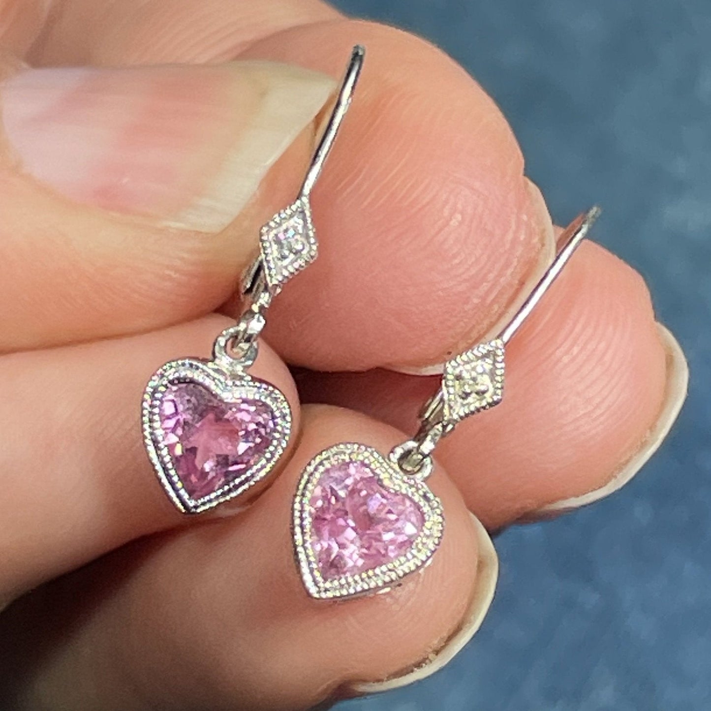 10k White Gold Pink Topaz & Diamond Heart Dangle Leverback Earrings