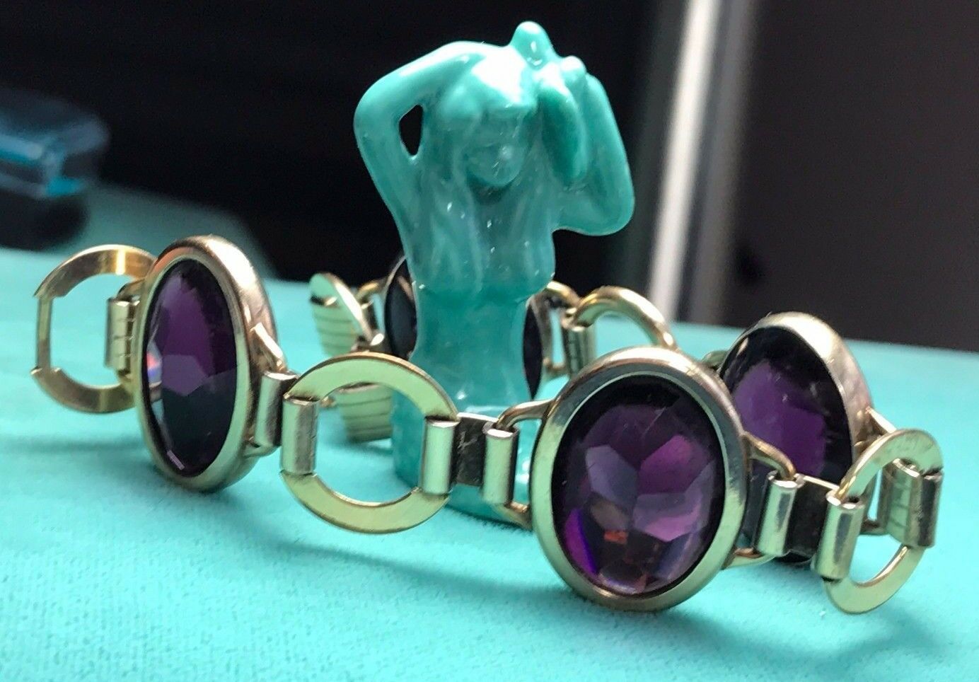 10k Yellow Gold 1/20 GF Purple Amethyst Glass Bracelet. Gorgeous! -PP49