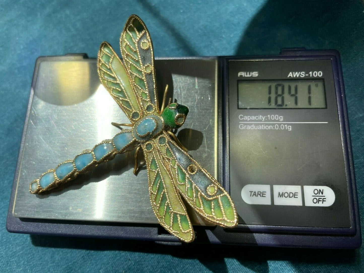 10k Yellow Gold Enamel Larimar Dragonfly Pendant / Ornament. 3" & 18g _21_141