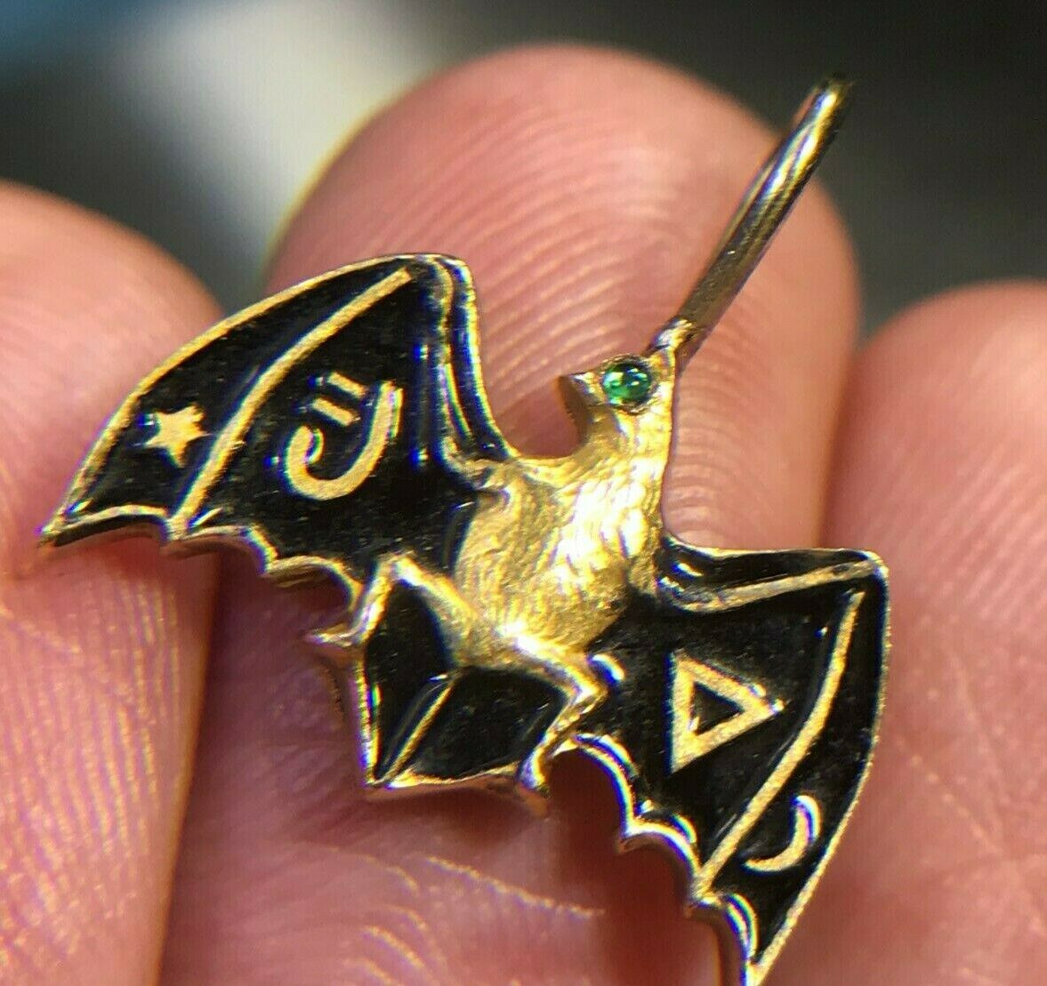 10k Yellow Gold Enamel Vampire Bat Pendant w Emerald Eye. TINY