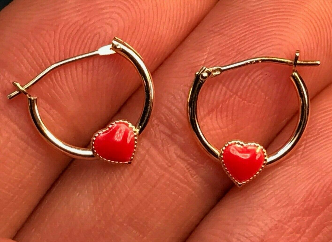10k Yellow Gold TINY Red Enamel Heart Hoop Earrings. Sweet!-K4L7J