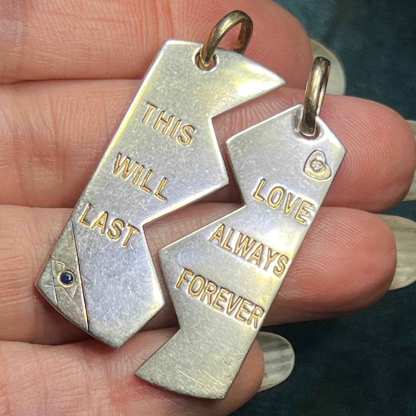 10k Gold & 925 Dog-Tag Lovers Pendant w Diamond + Blue Sapphire