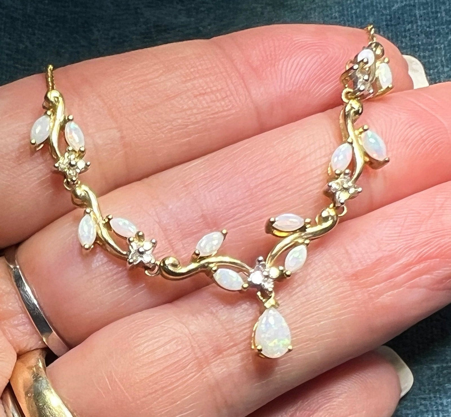 10k Gold Australian Opal + Diamond Pendant Festoon Necklace *Video*