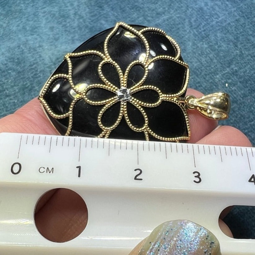 10k Gold Lotus Blossom Mandala Onyx Heart Medallion Pendant. 1.5"
