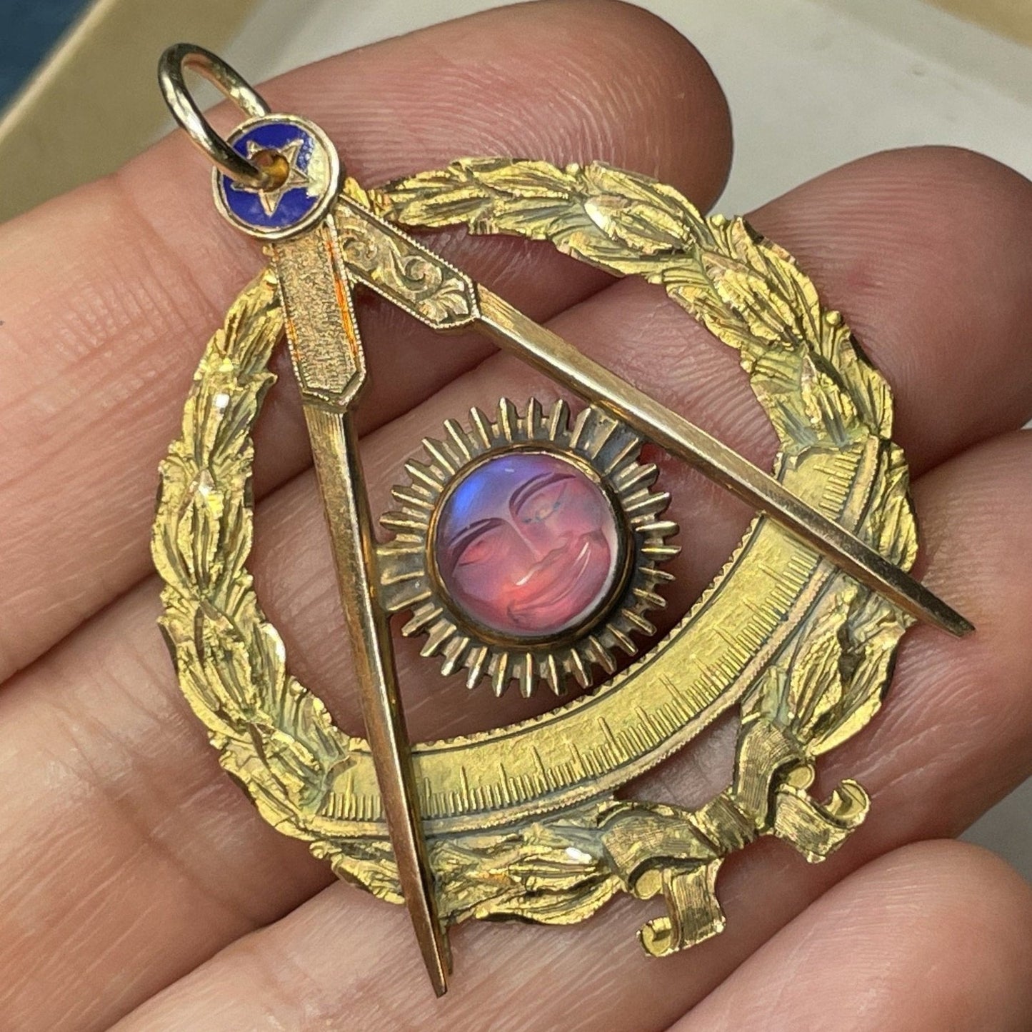 10k Gold Man in the Moon Moonstone Sun-Face Pendant**VIDEO** Masonic