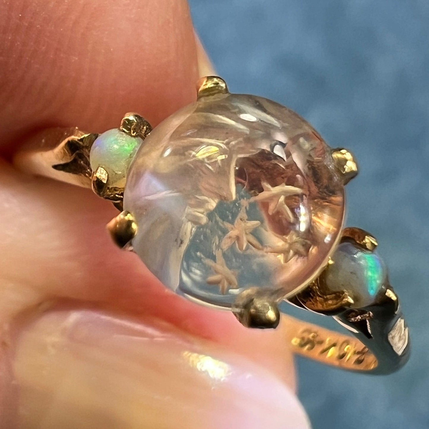 10k Gold Moonstone Crescent Man in the Moon Ring w Opals. Tiny **Video**