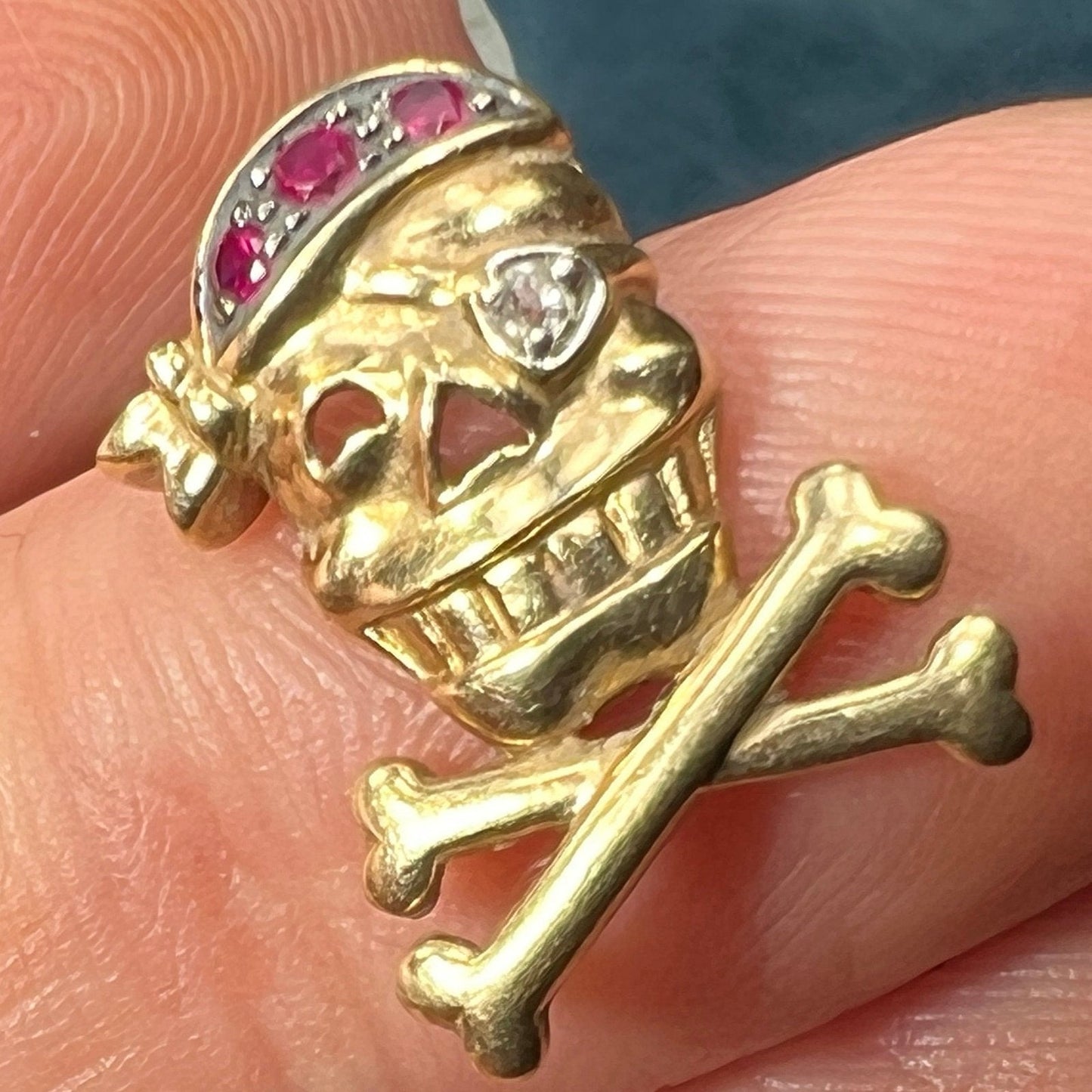 10k Gold Ruby Skull + Bones Pirate Jolly Roger Pendant