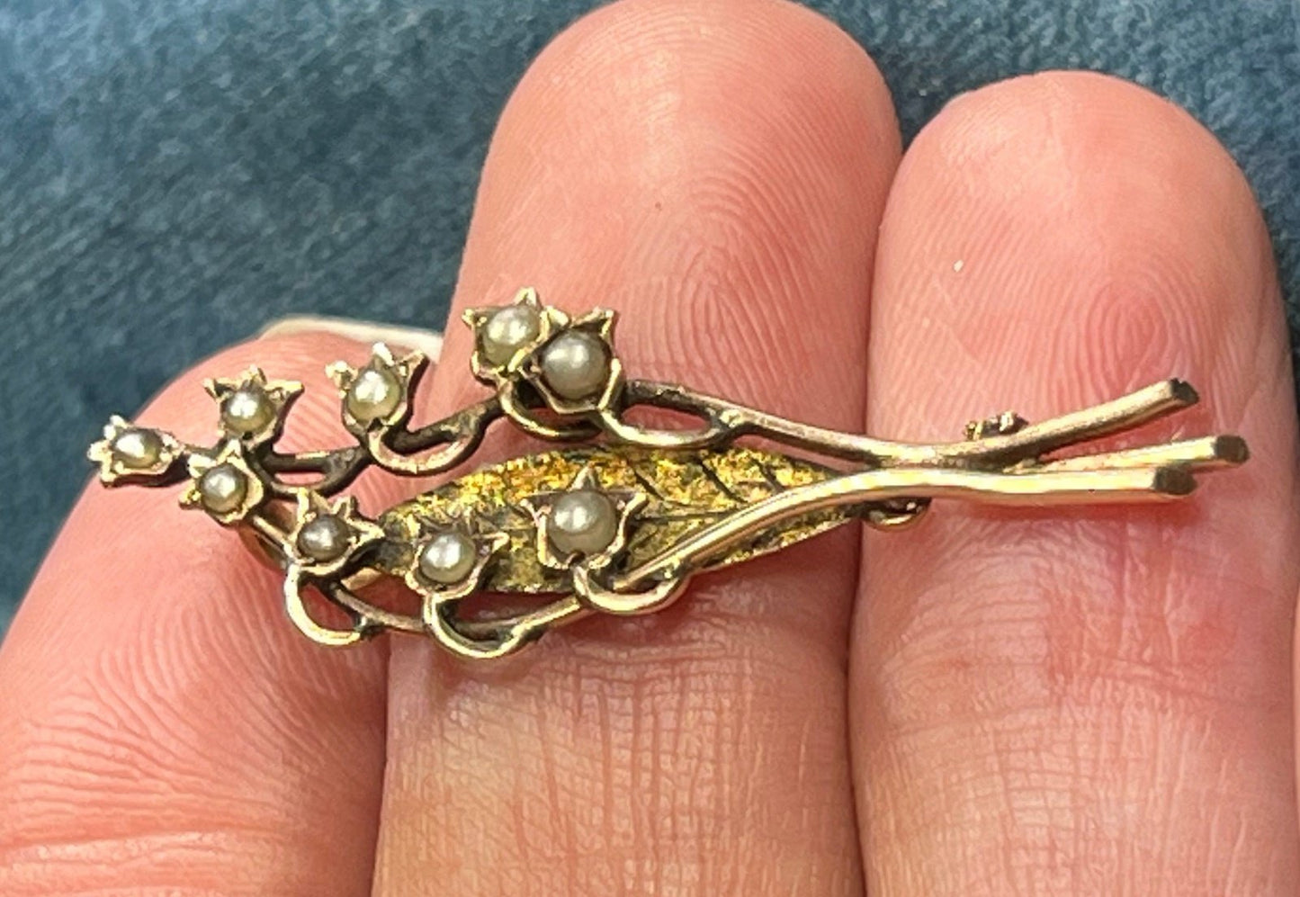 10k Gold Seed Pearl Lily of the Valley Flower Pendant. Antique