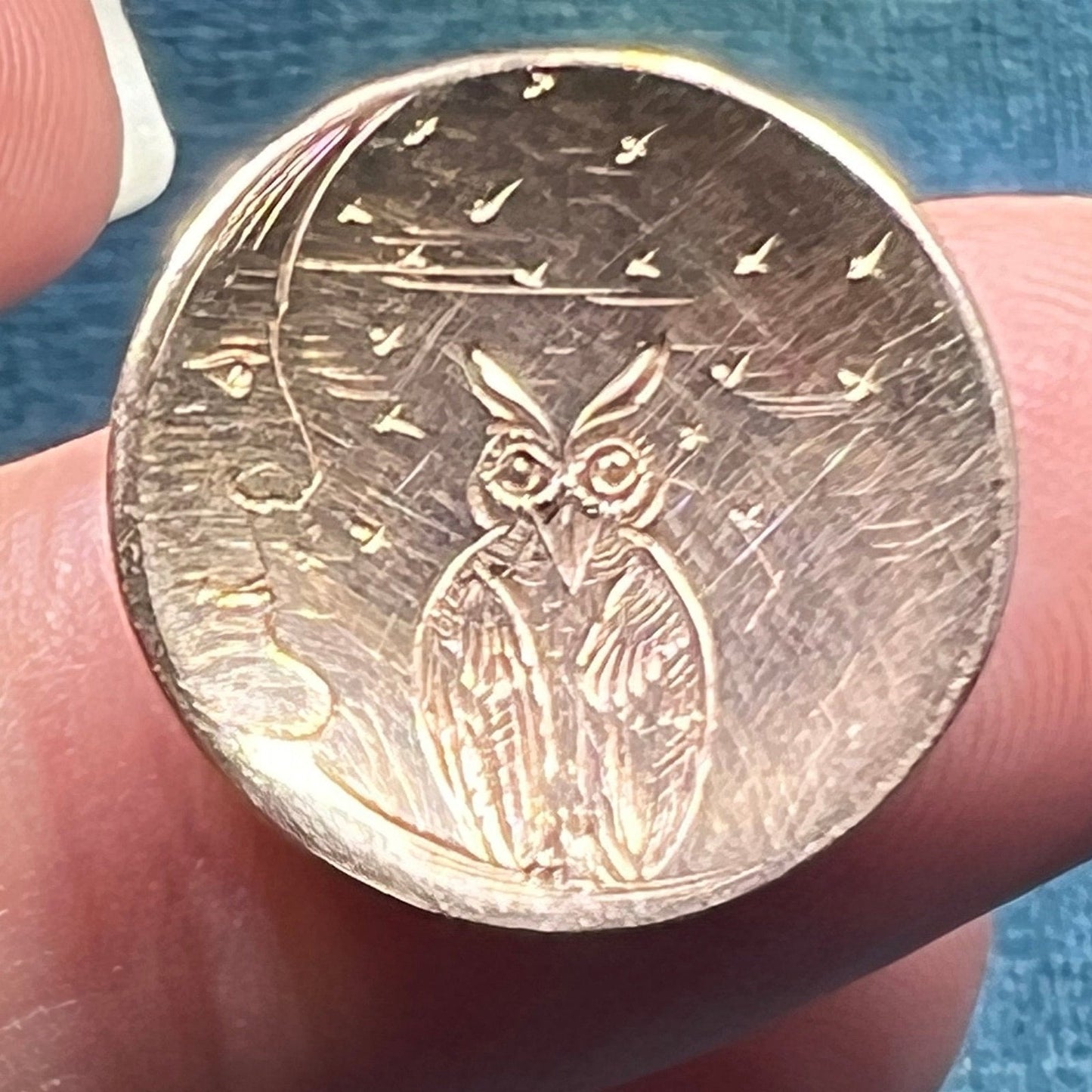 10k Gold Victorian Crescent Man in Moon + Owl Disc Pendant