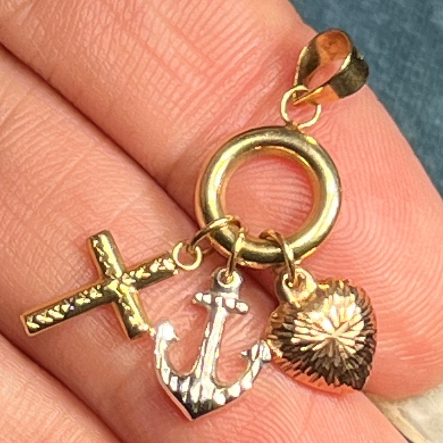 10k Tri-Color Gold Anchor Cross Heart Pendant. Faith Hope Charity