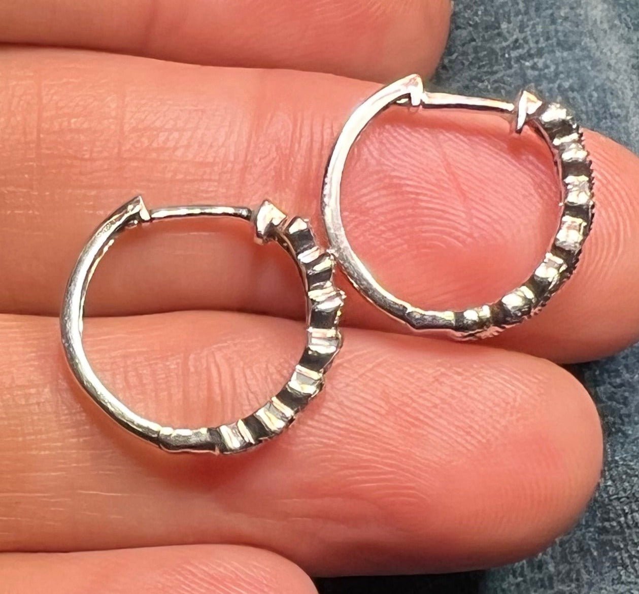 10k White Gold Diamond Huggies Hoop Milgrain Earrings. TINY!