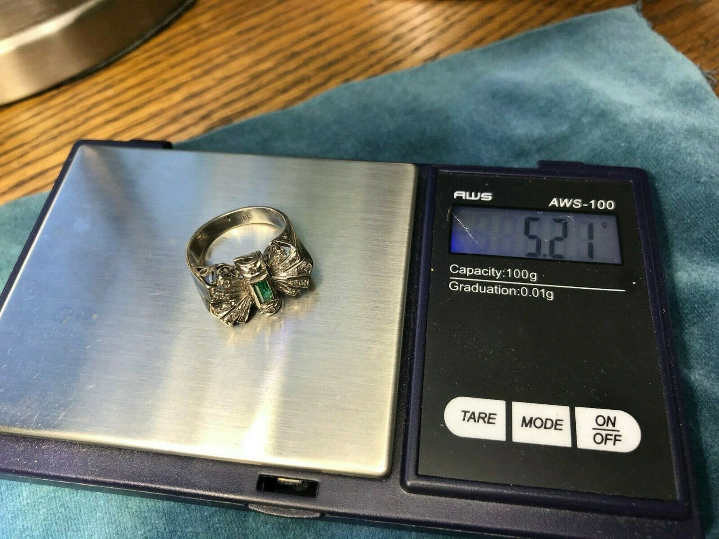 10k White Gold Emerald & Diamond Victorian Fan Ring. Wide Band
