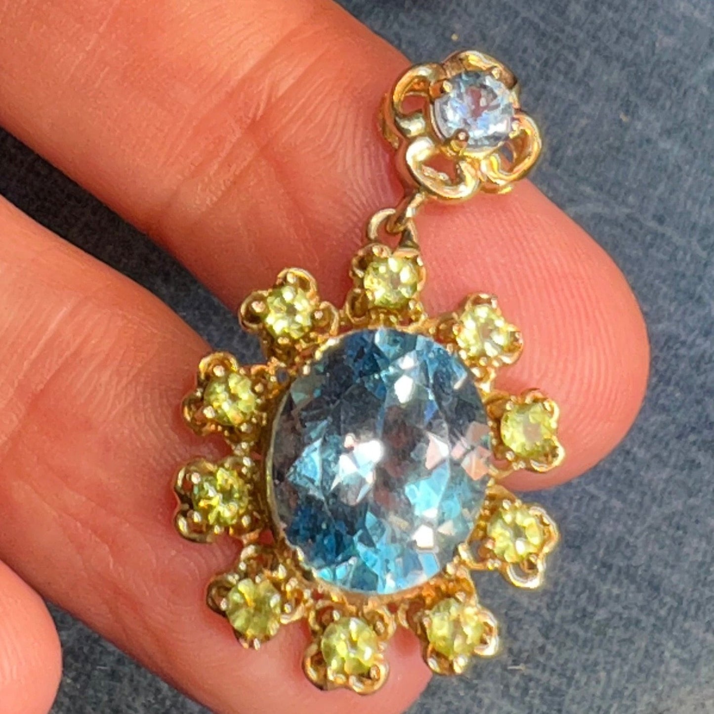 10k Yellow Gold Blue Topaz + Peridot Halo Flower Drop Pendant. 1.4"