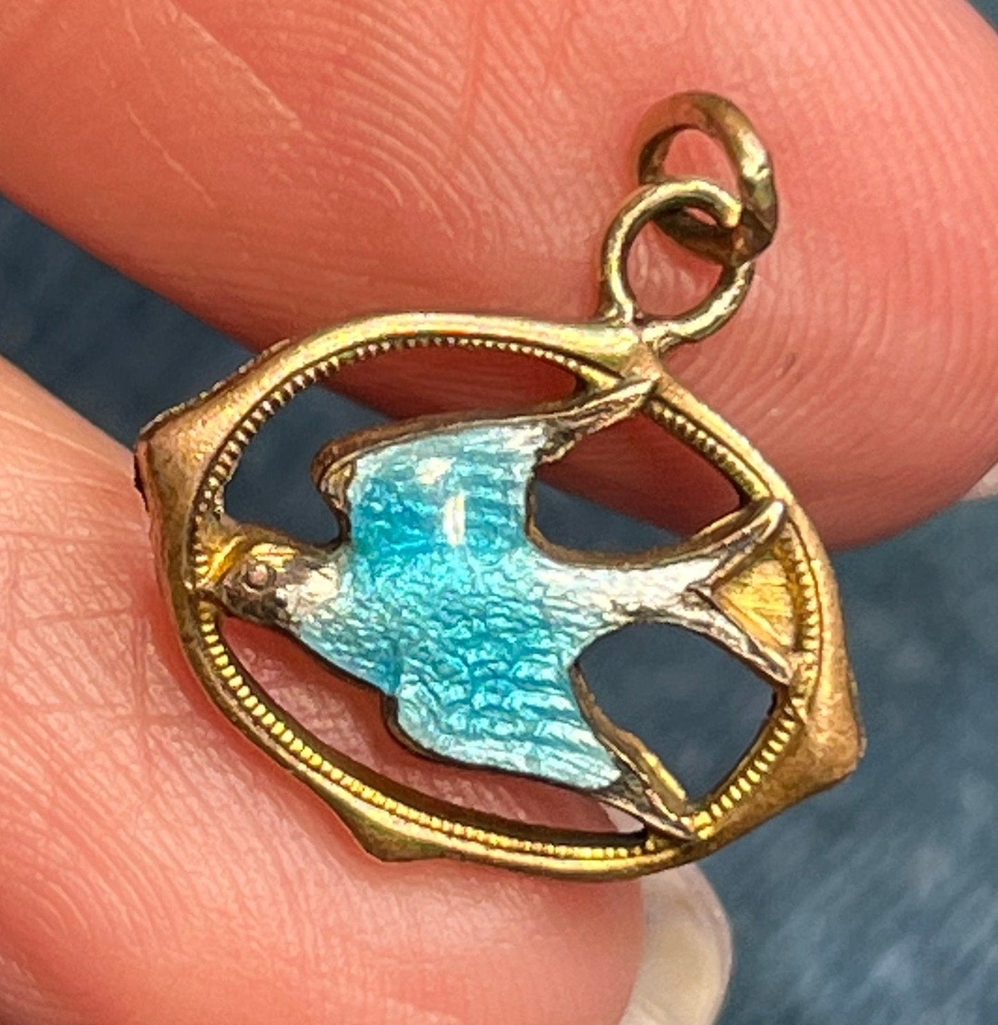 10k Yellow Gold Bluebird Swallow Enamel Pendant. Victorian *Articulated Bail"