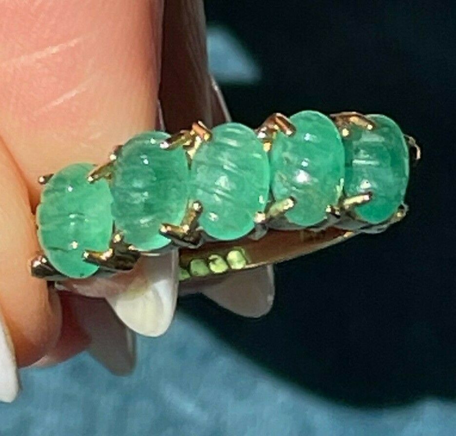 10k Yellow Gold Carved 5.0 TCW Emerald Cabochon Ring Band_b140_18
