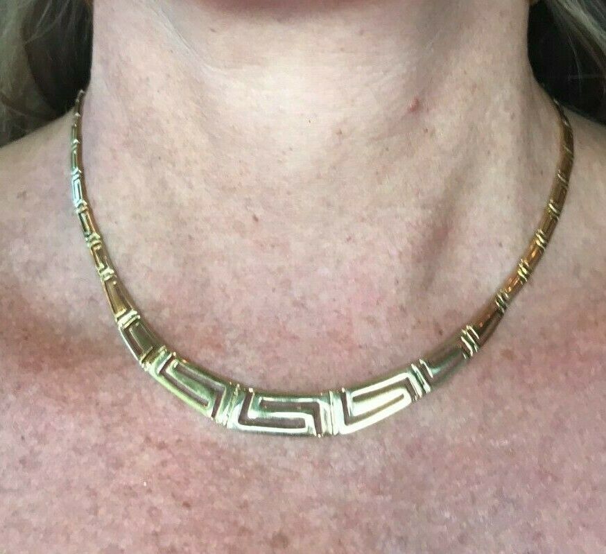 10k Yellow Gold GREEK KEY Graduated Bib Collar Necklace. Heavy 12g-b410_10_20