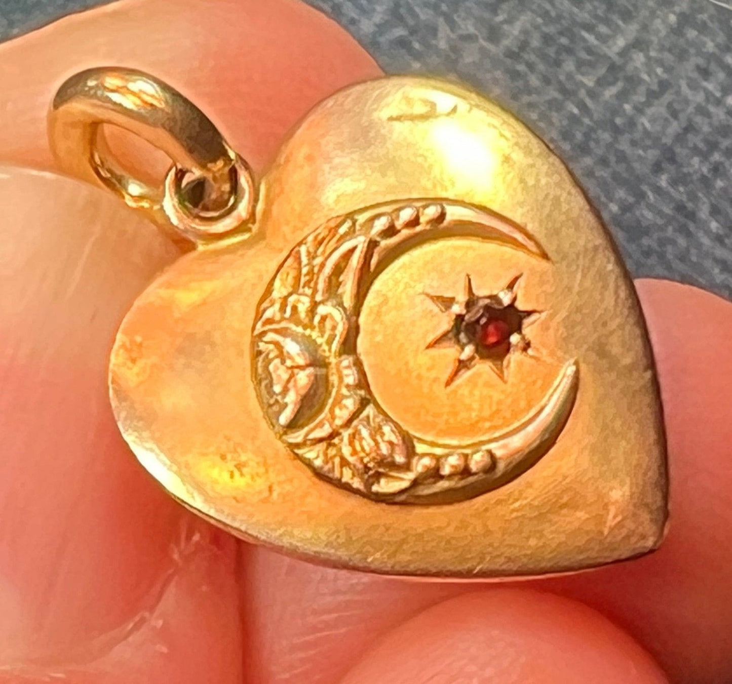 10k Yellow Gold Heart Pendant w Crescent Moon + Gypsy Set Garnet