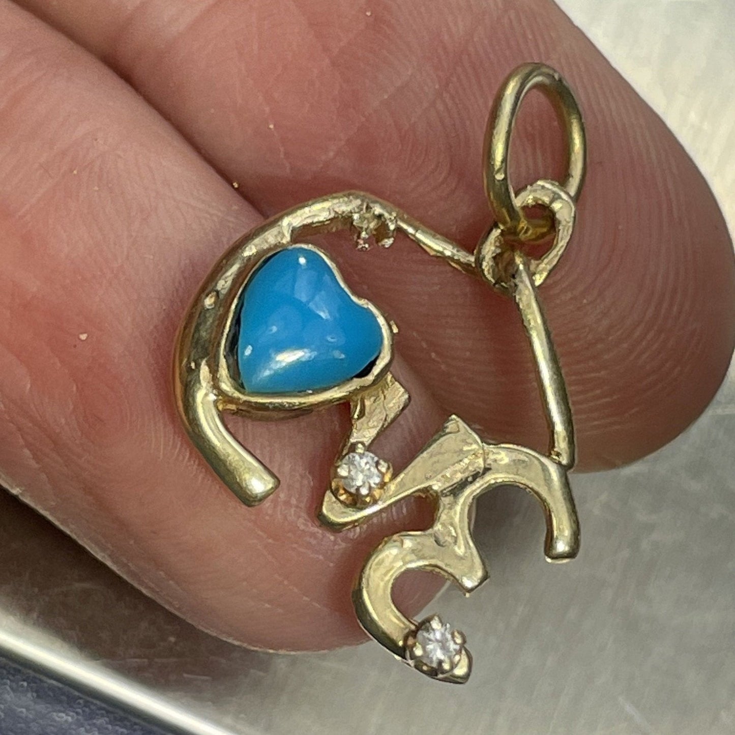 10k Yellow Gold "LOVE" Pendant w Turquoise Heart & Diamonds. OOAK