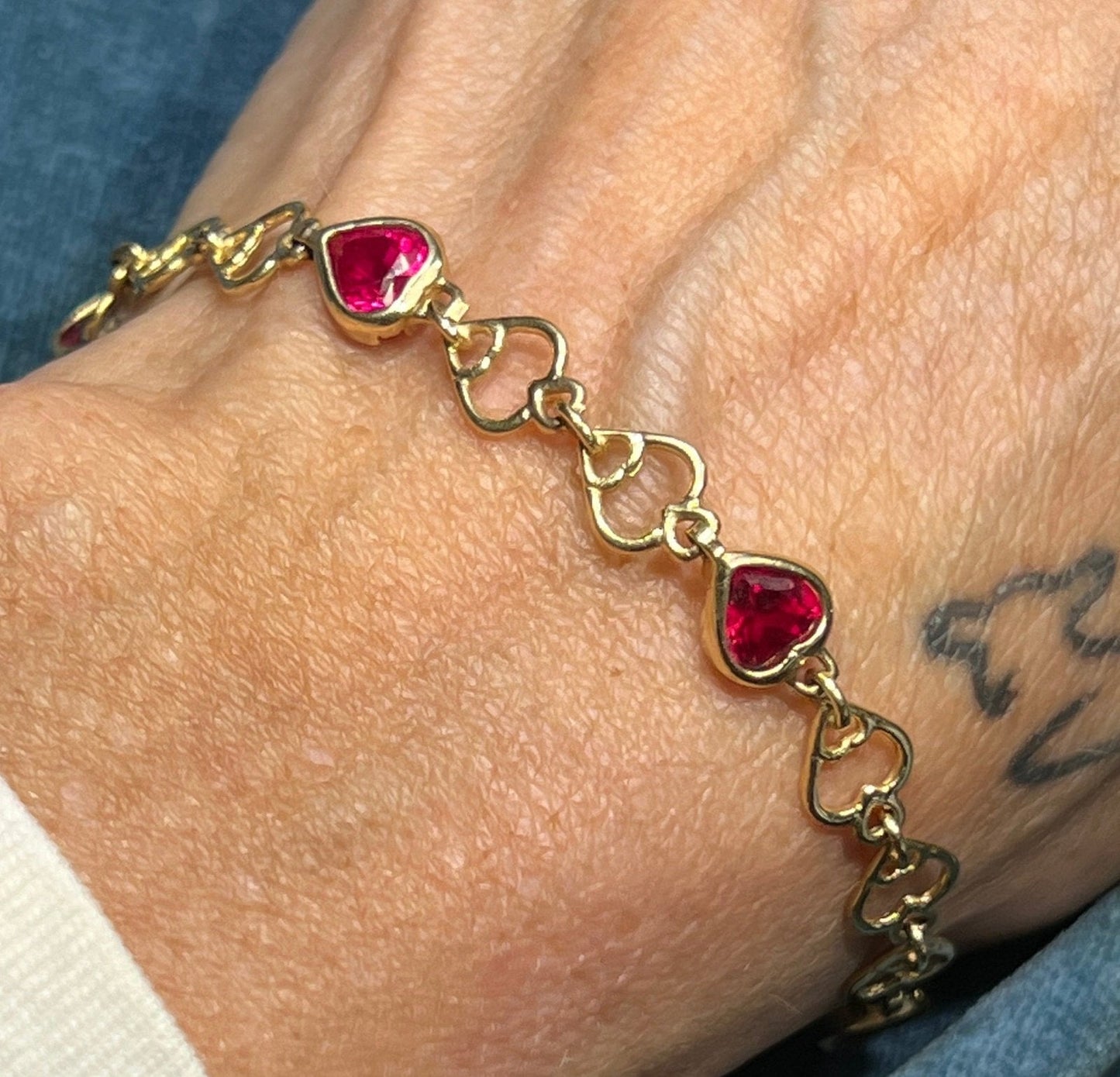 10k Yellow Gold Lab Red Ruby Heart Bracelet. Lobster Clasp