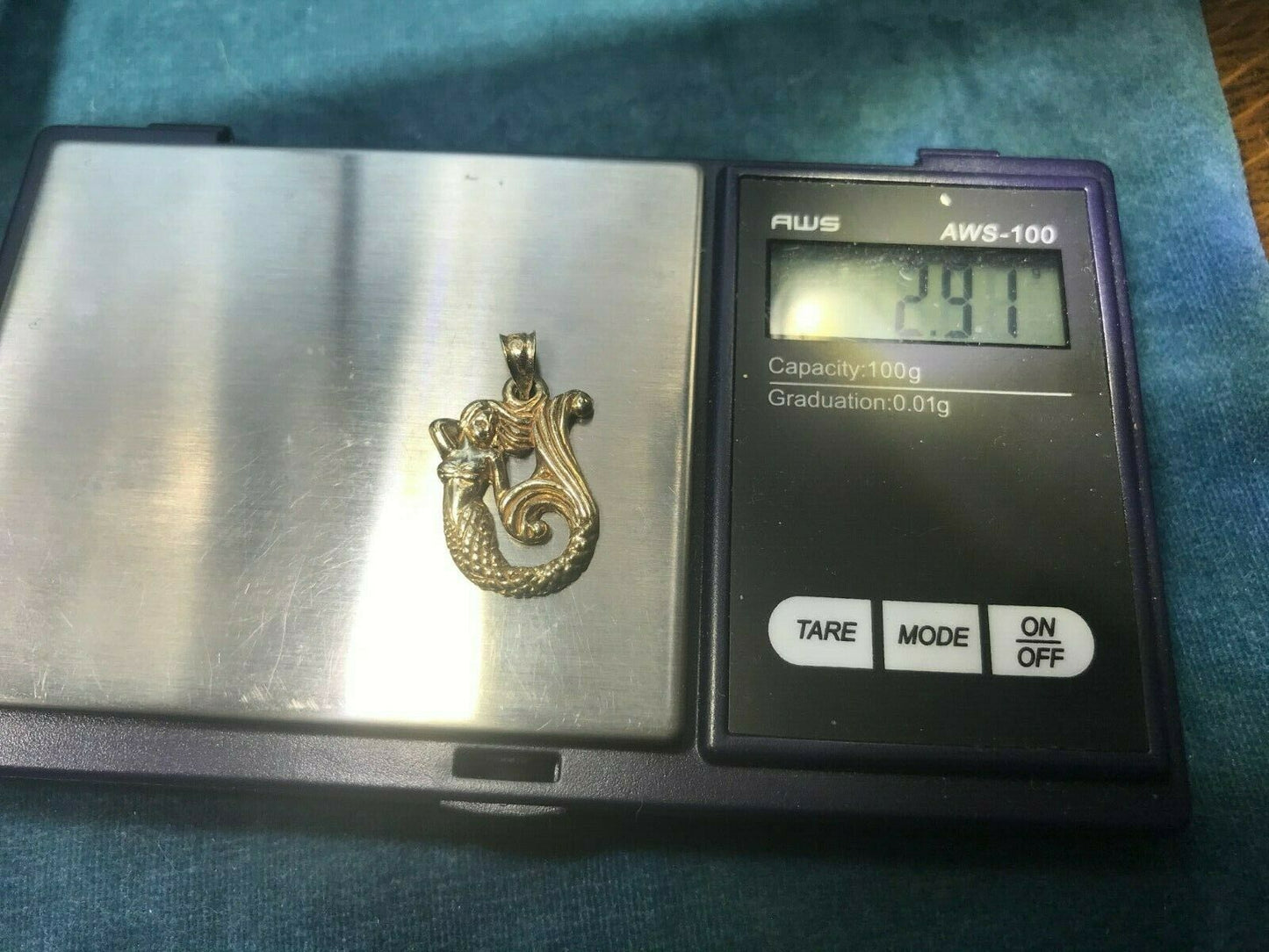 10k Yellow Gold MERMAID Sea Nymph Goddess Pendant. 1.1"