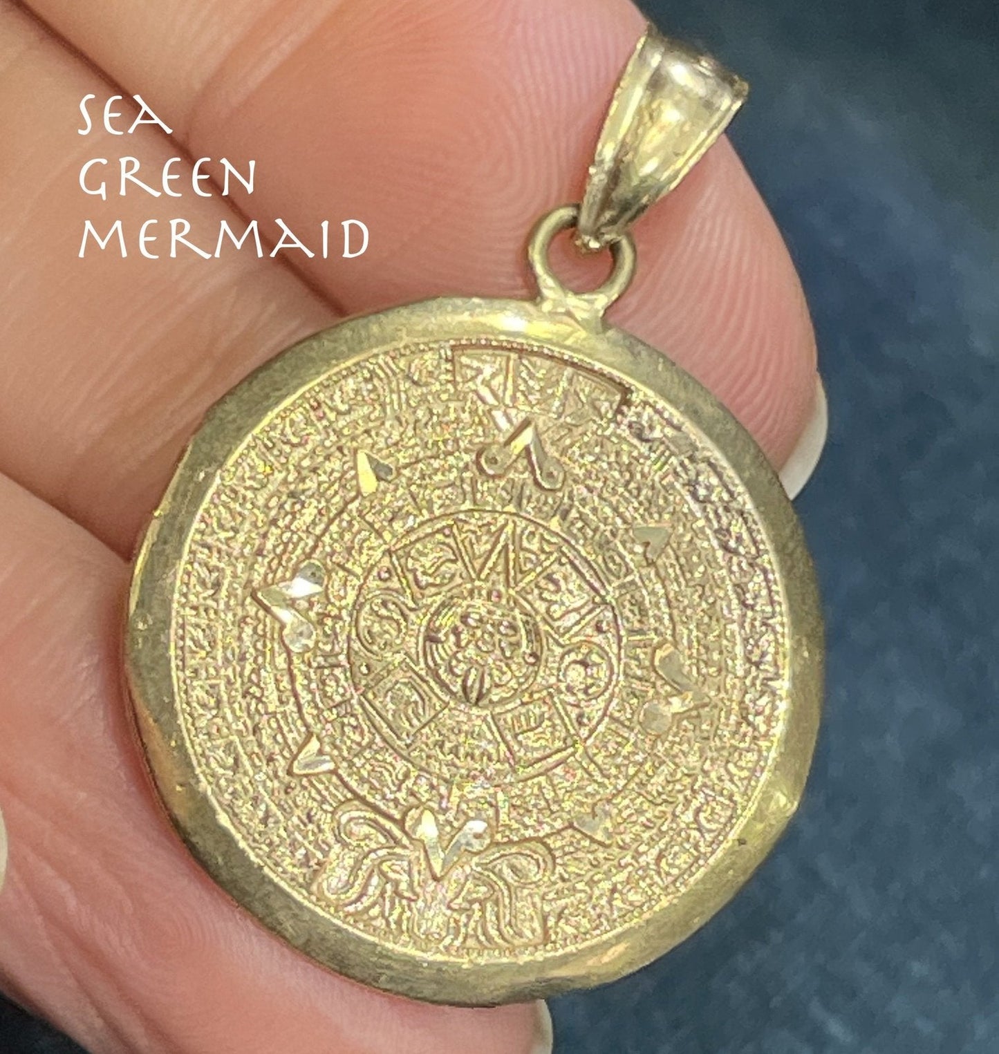 10k Yellow Gold Mayan Aztec Calendar SUN Pendant. Large 1.5"
