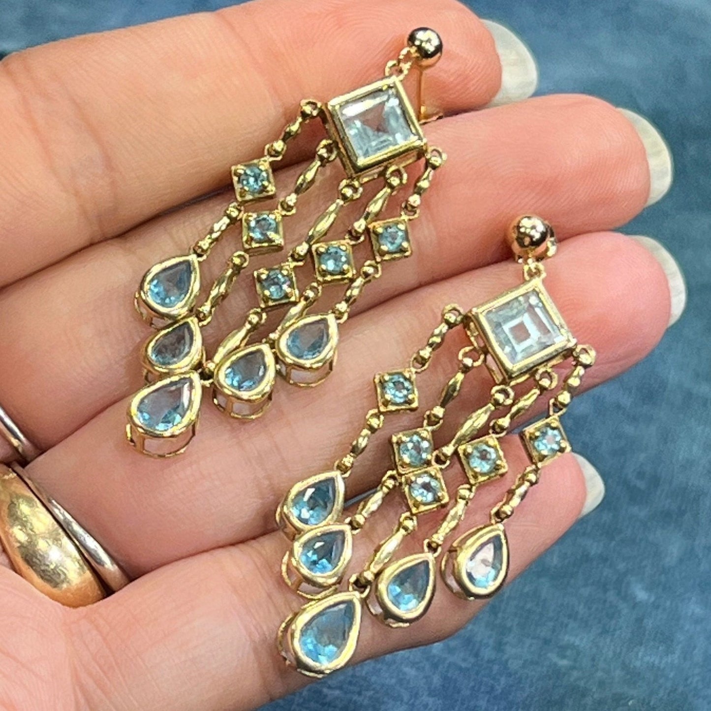 10k Yellow Gold Ocean Blue Topaz Teardrop Chandelier Earrings. 2" + 7g