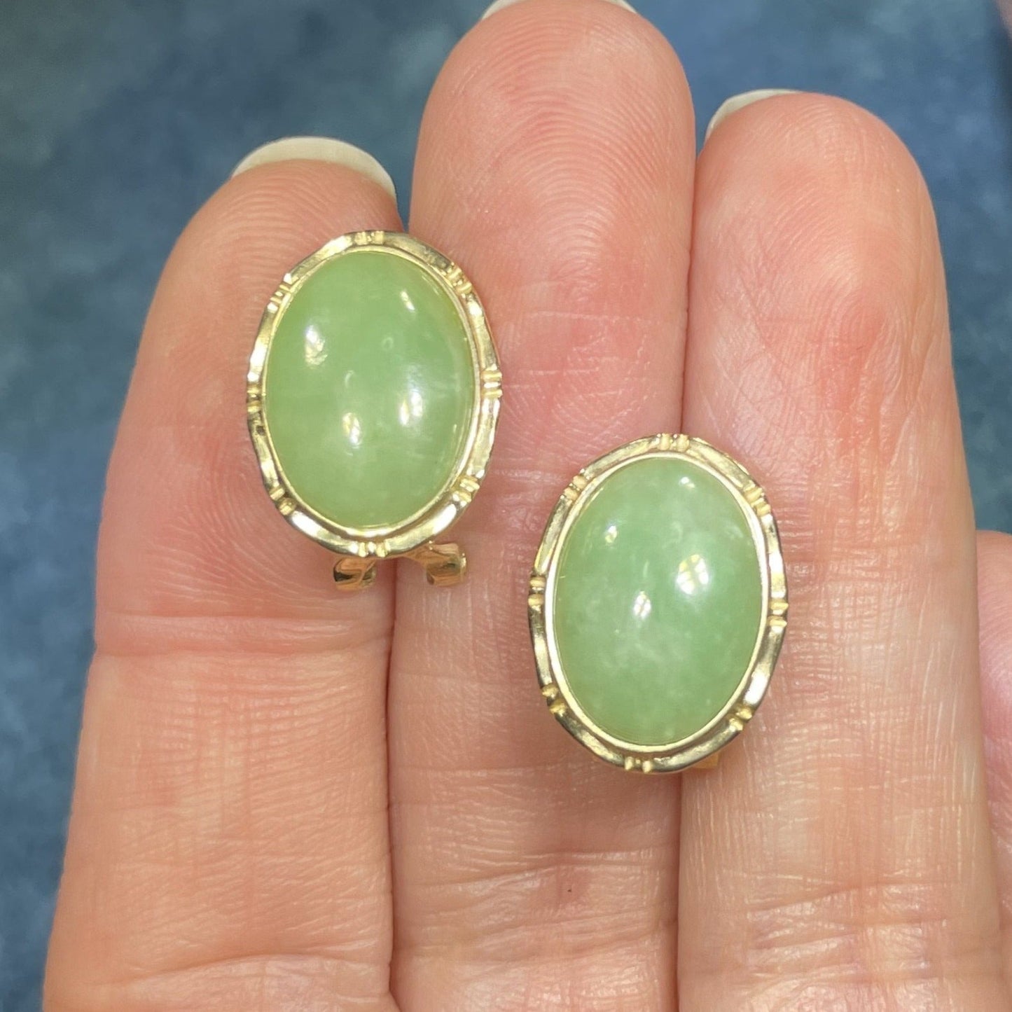 10k Yellow Gold Pale Green Jade OMEGABACK Earrings