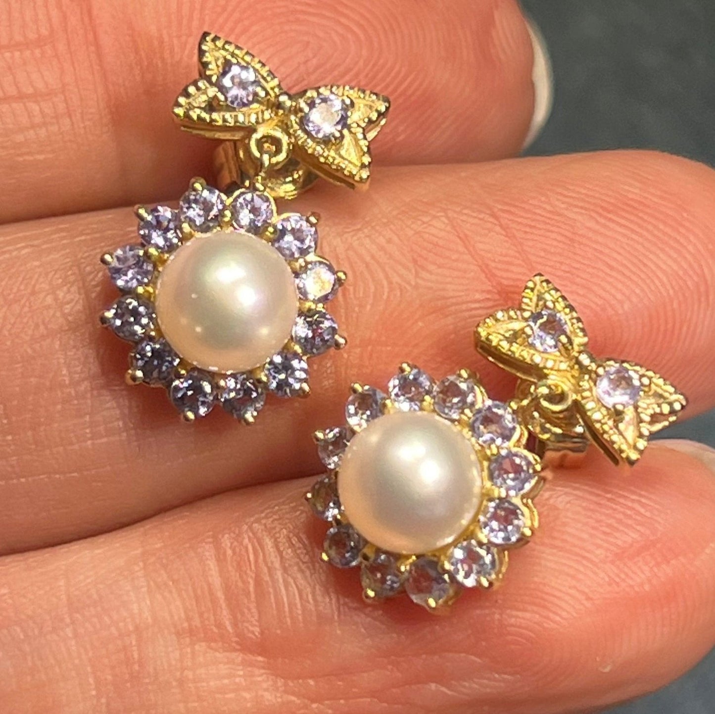 10k Yellow Gold Pearl + Tanzanite Halo Earrings w Ribbon Bow