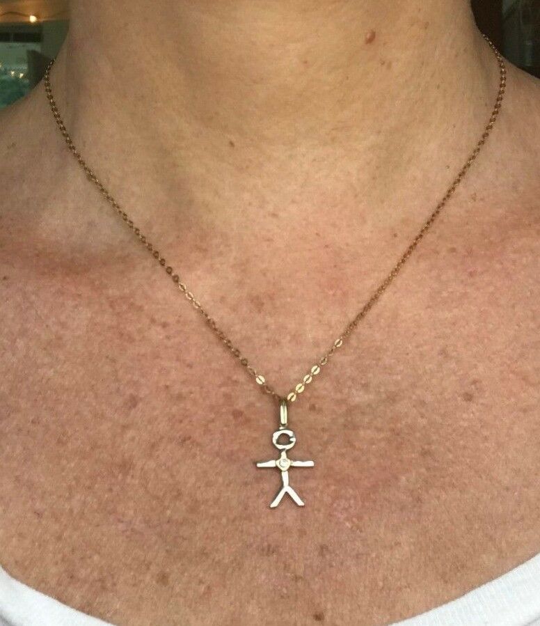 10k Yellow Gold "Stick Figure" Pendant w Natural Diamond Heart. Artisan-K3L5J