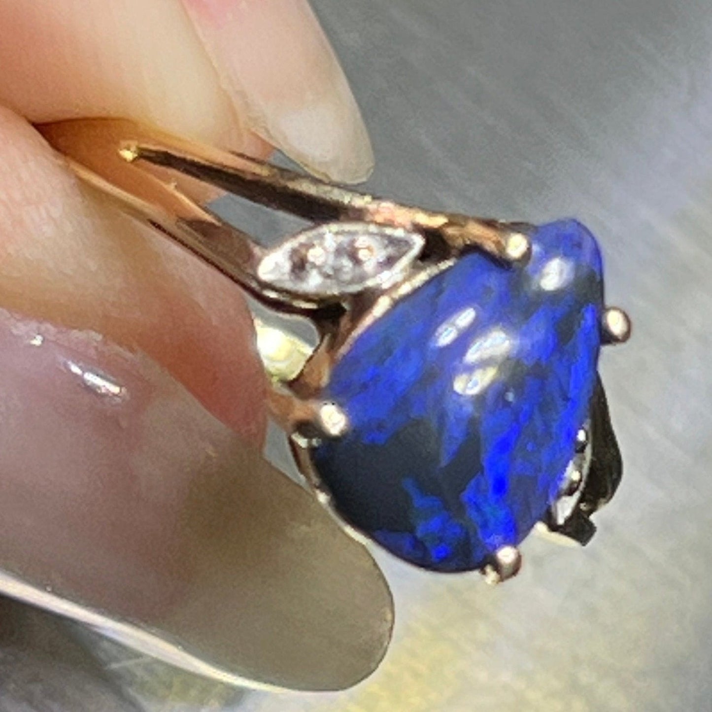10k Yellow Gold Teardrop Australian Black Boulder Opal Ring. Purple