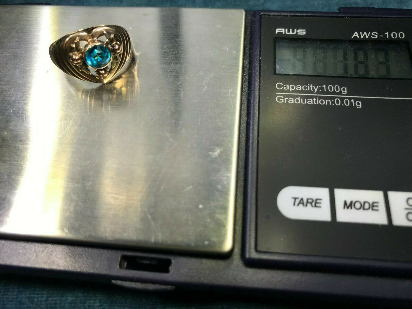 10k Yellow & Rose Gold Blue Topaz Filigree Heart Ring. Wide 1/2"_b80_20