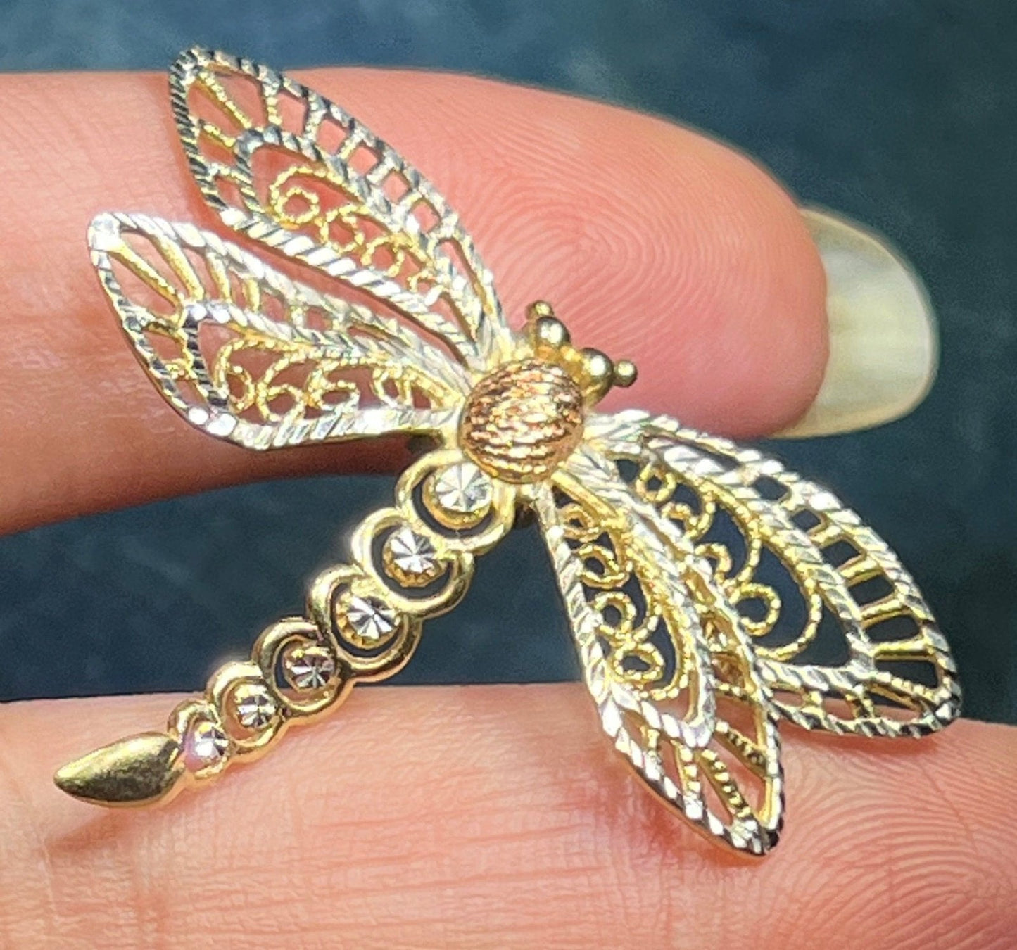 10k Yellow Rose + White Gold Filigree Dragonfly Pendant. 1.5"