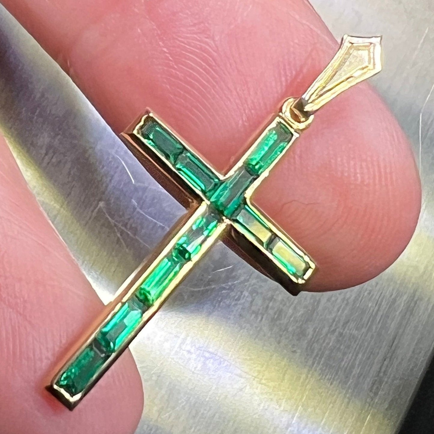 14K Yellow Gold 1.0 TCW Emerald Baguette Cross Pendant