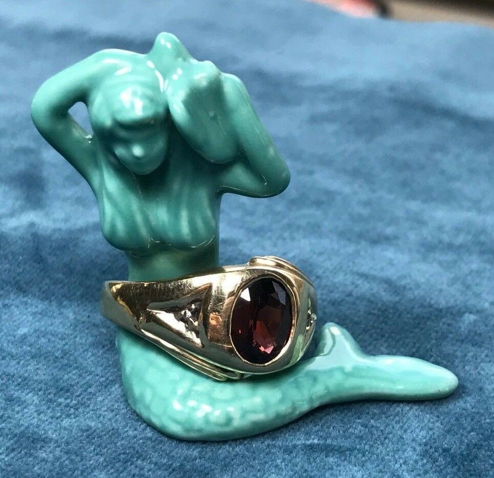 14K Yellow Gold Bezel-Set Garnet & Diamond Ring. Large 5g 14mm-K15L1J