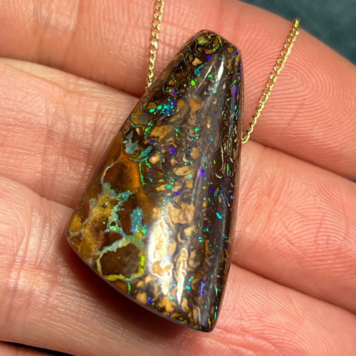 14k Gold 18" Chain w Australian Koroit Boulder Opal Bead Pendant. *VIDEO*