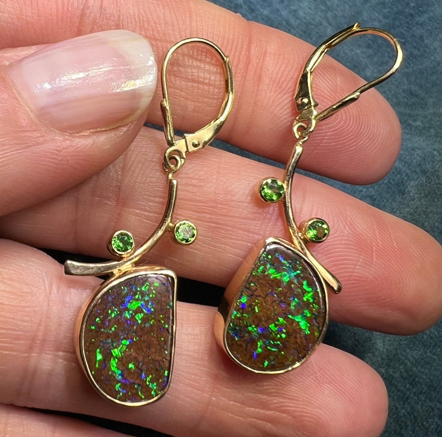 14k Gold Australian Boulder Opal Leverback 1.7" Earrings *Video*