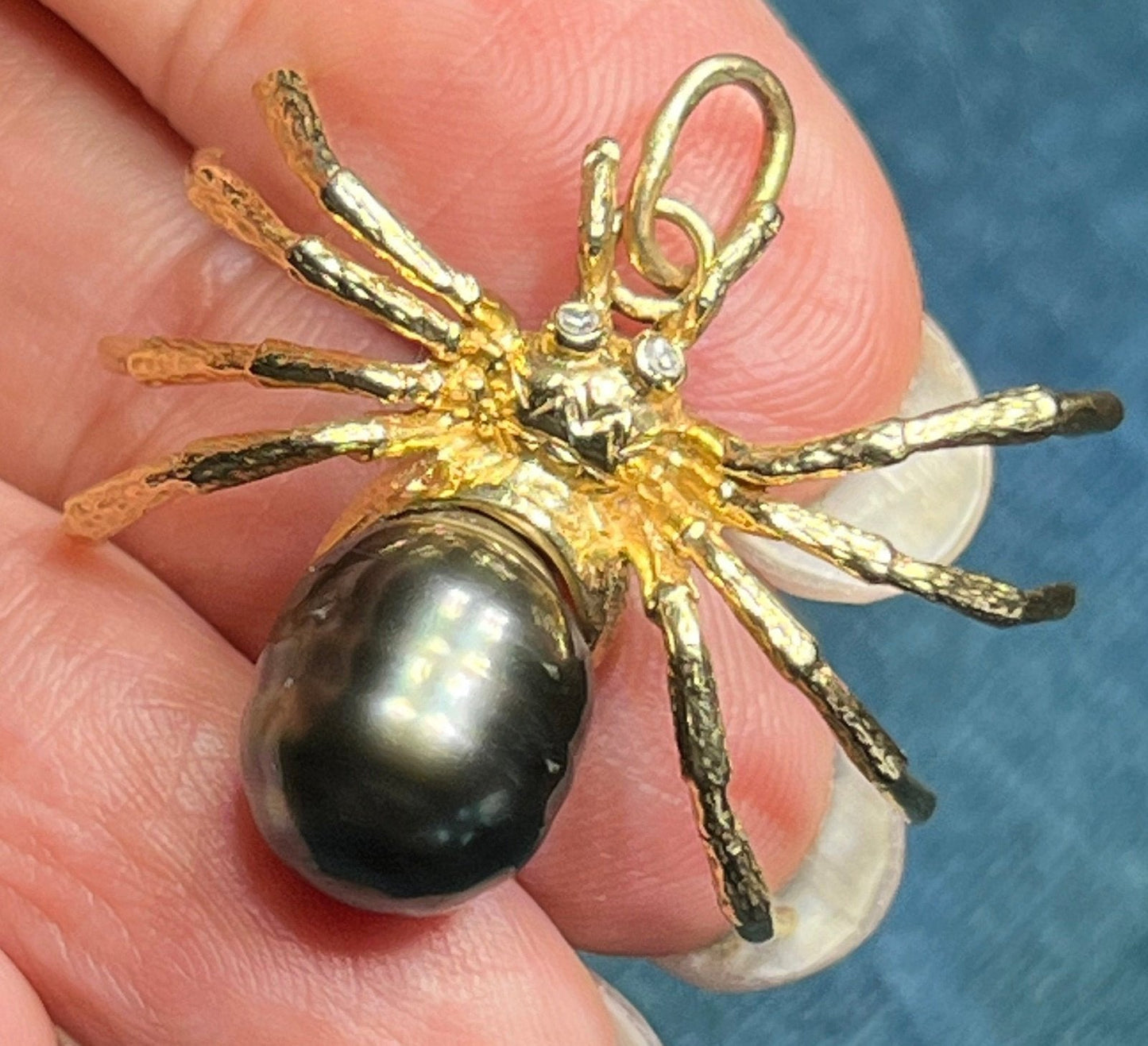 14k Gold Black Pearl + Diamond Tarantula Spider Pendant
