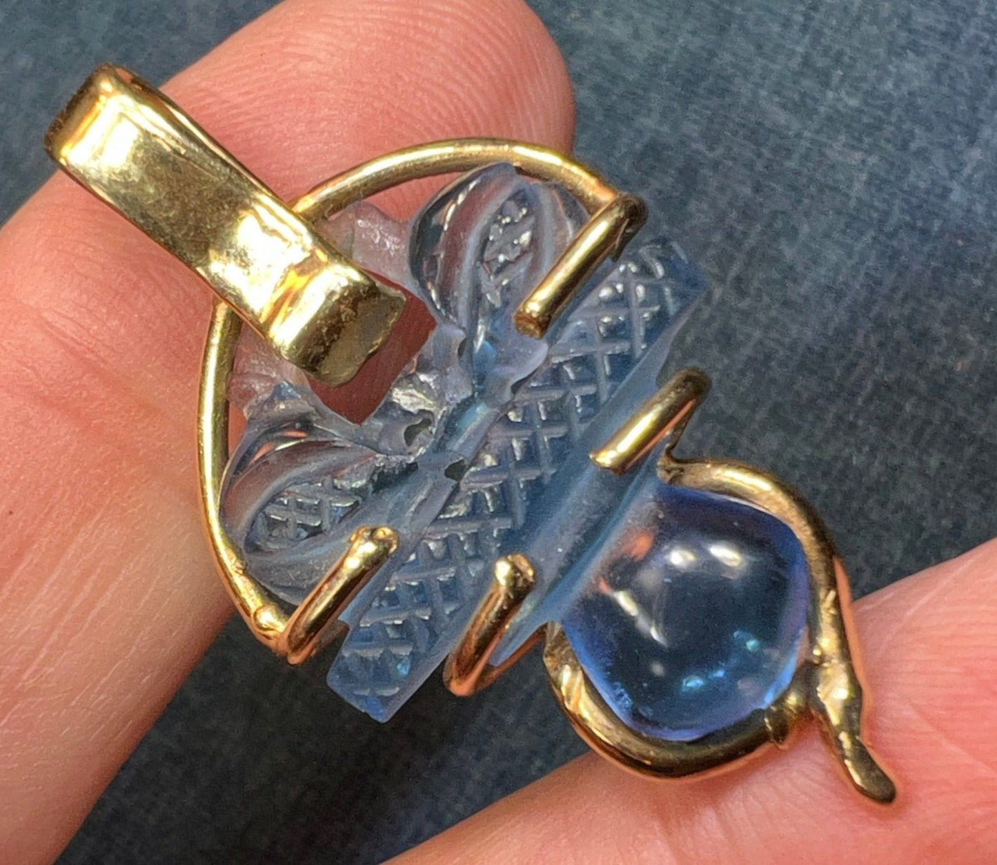 14k Gold Carved Aquamarine Blue Quartz Scottish Thistle Pendant. 1.5"