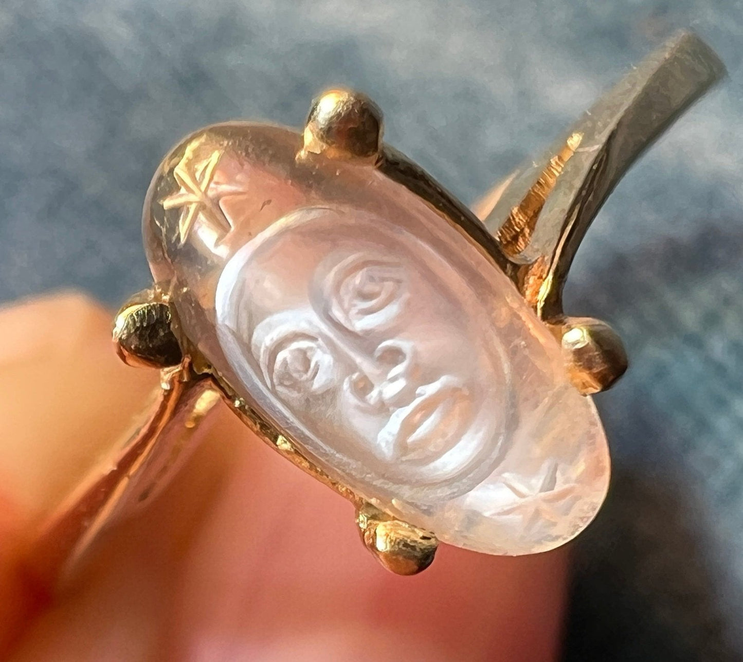 14k Gold Carved Moonstone Man in the Moon Ring w Stars. Tiny **Video**