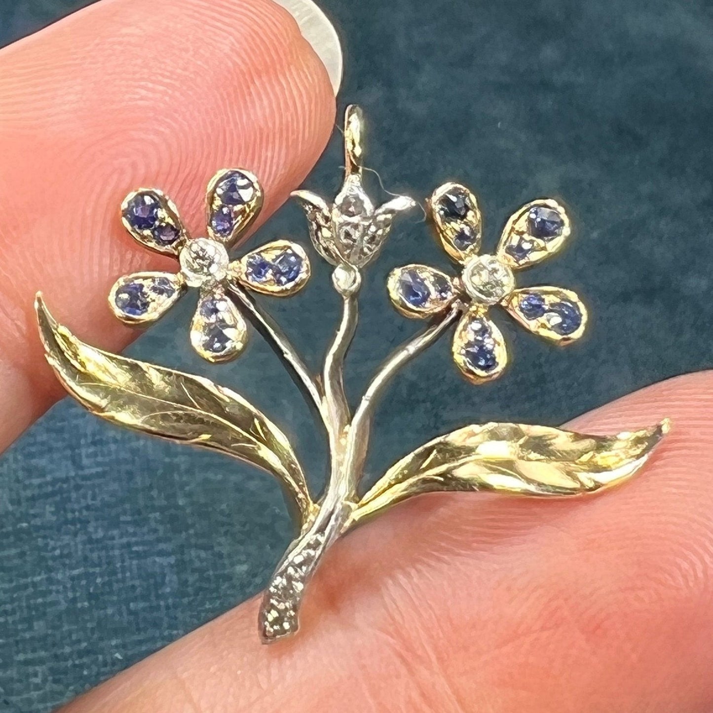 14k Gold Ceylon Blue Sapphire + Diamond Flower Bouquet Pendant