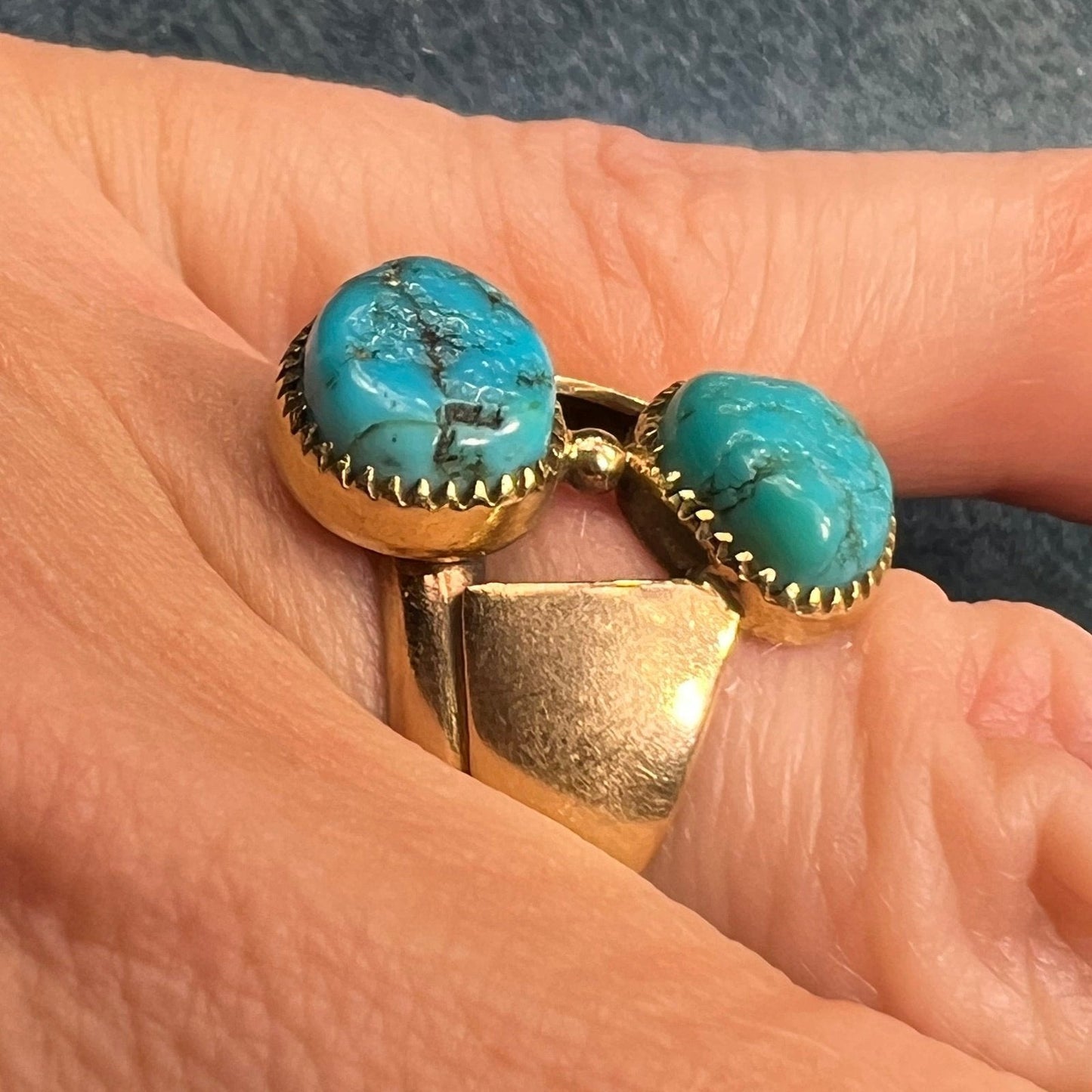 14k Gold Spiderweb Turquoise 2-Stone Ring. 3/4" Wide