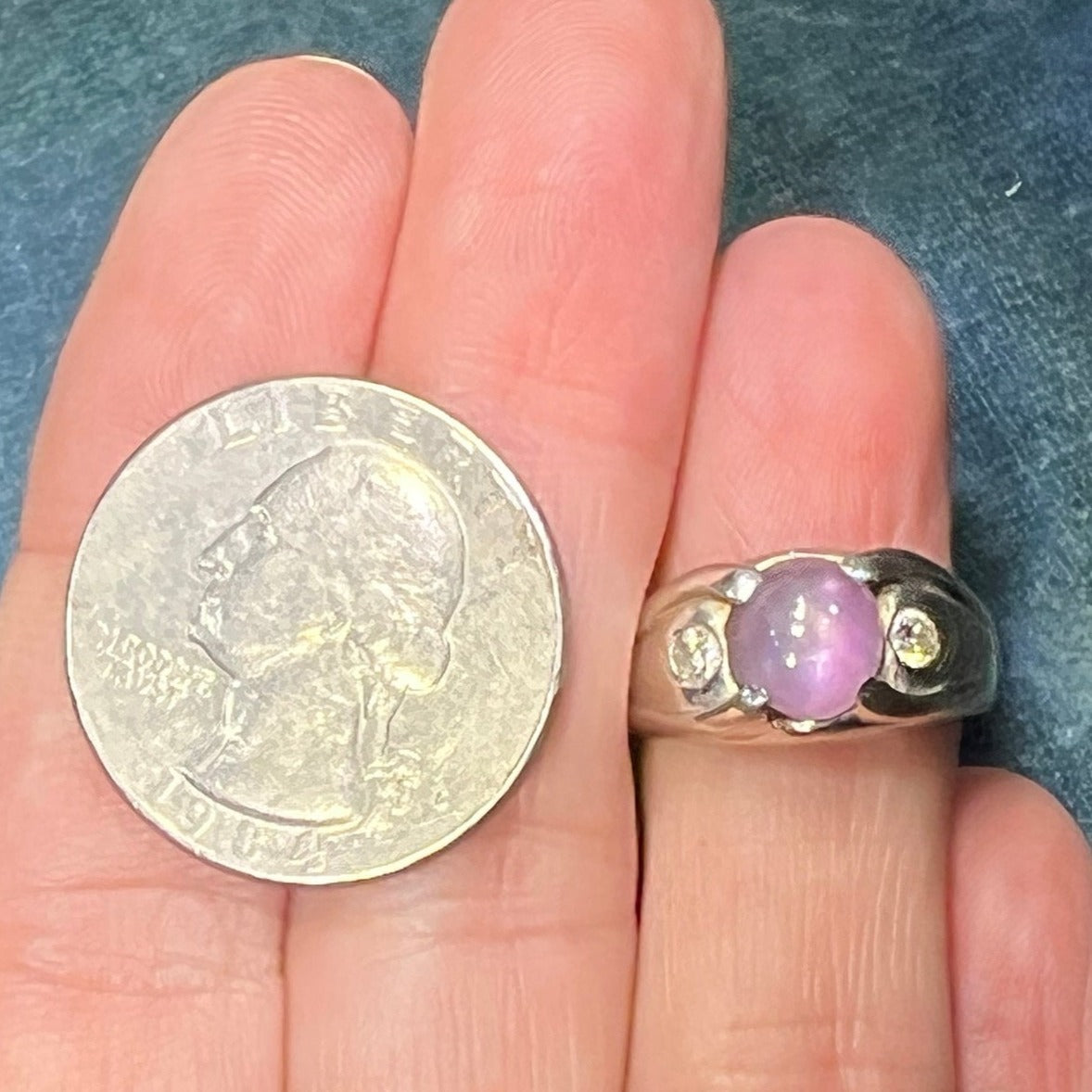 14k White Gold Lavender Star Sapphire Signet Ring w Diamonds *VIDEO*