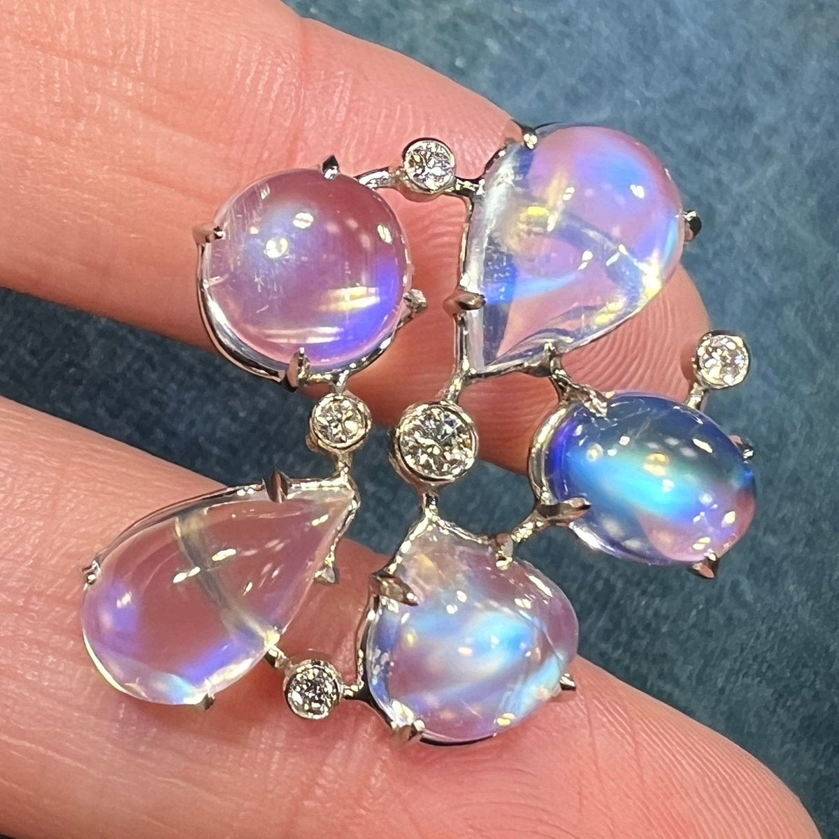 14k White Gold Rainbow MOONSTONE + Diamond Pendant *Video*