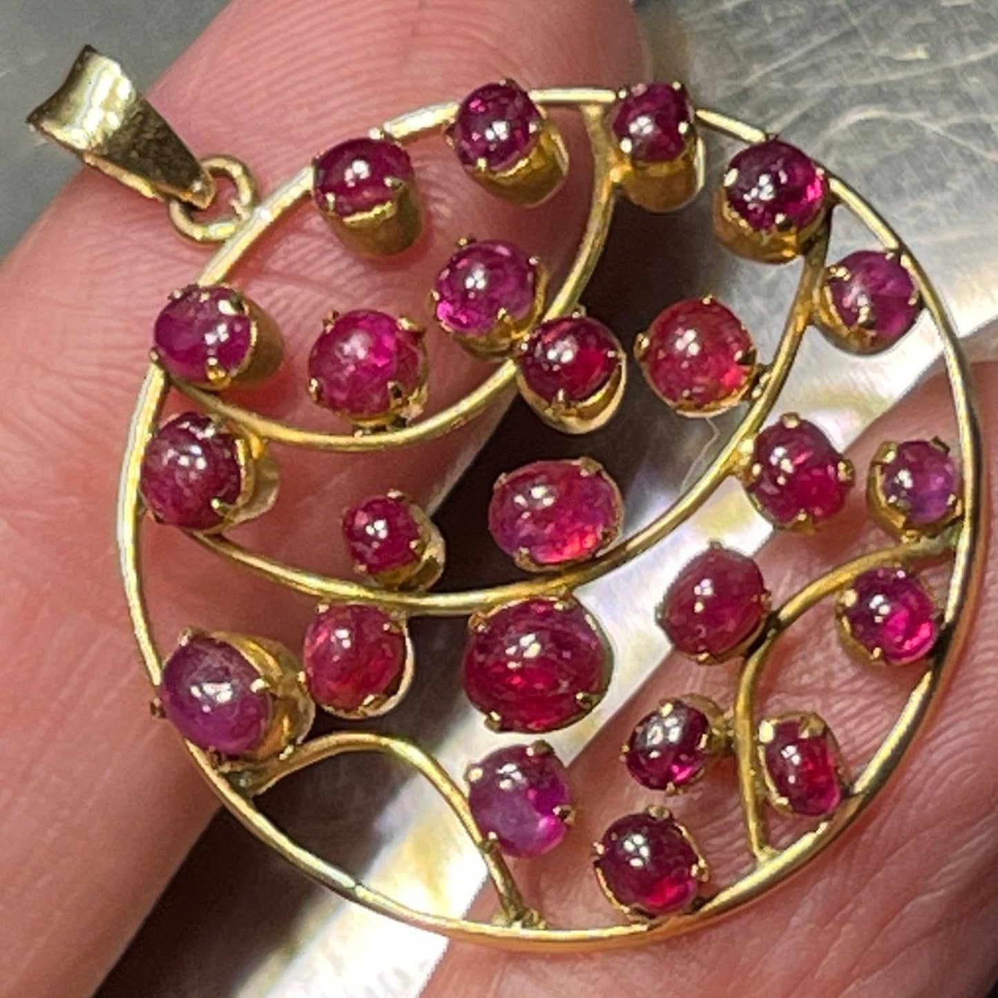14k Yellow Gold 6 TCW Cabochon Ruby Medallion Mandala Pendant