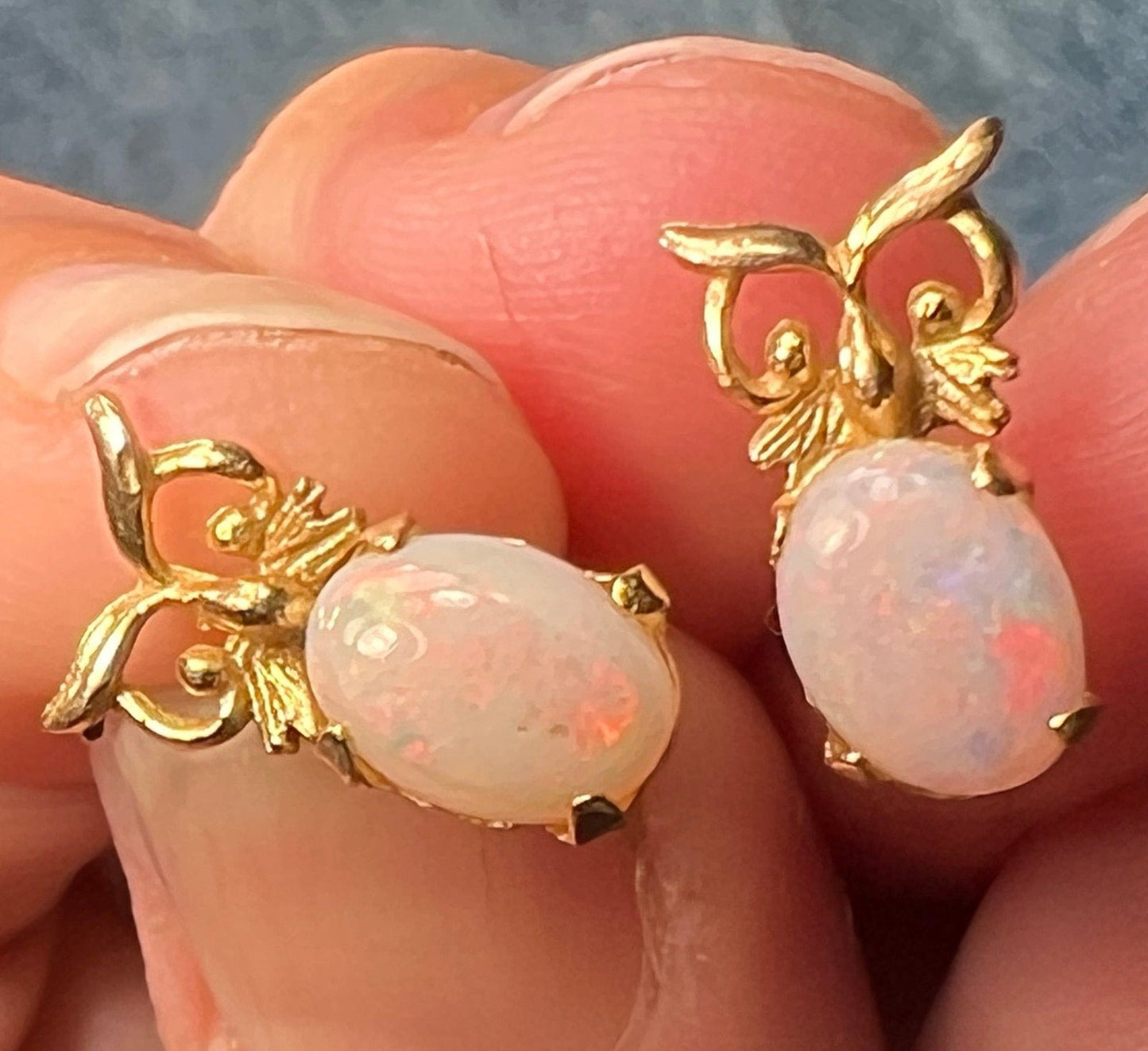 14k Yellow Gold Australian Jelly Belly Opal OWL Earrings. Tiny! **Video**