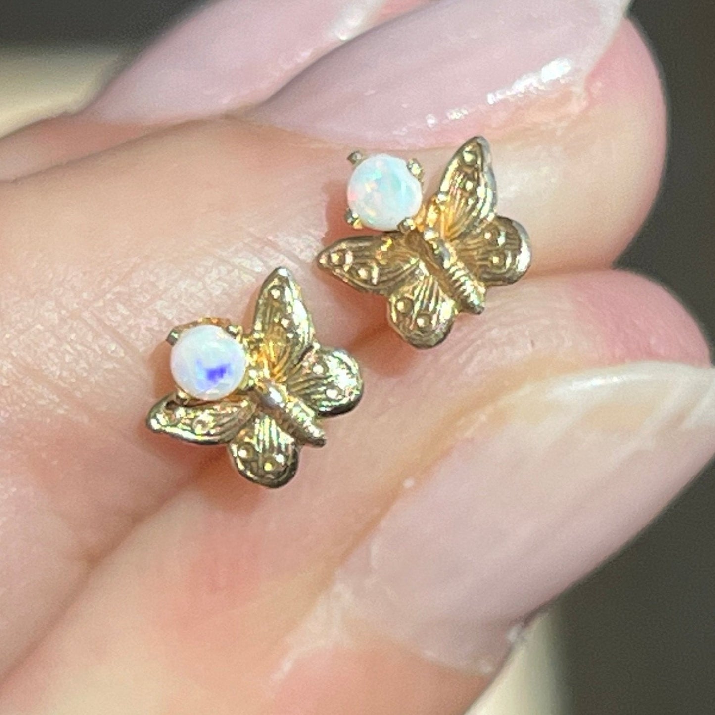14k Yellow Gold Australian Jelly Opal Butterfly Earrings. TINY!