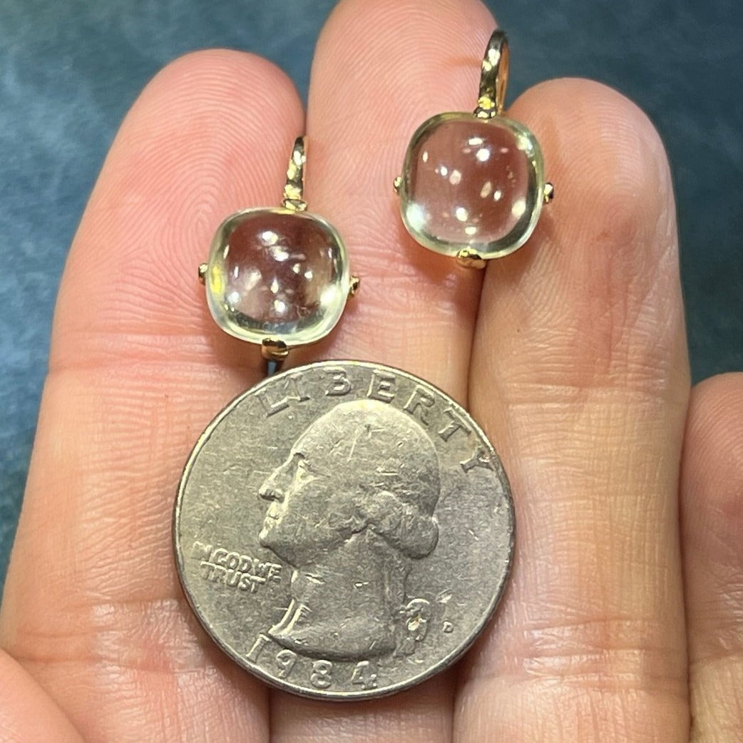 14k Yellow Gold Cabochon Aquamarine Leverback Earrings. Water Droplets