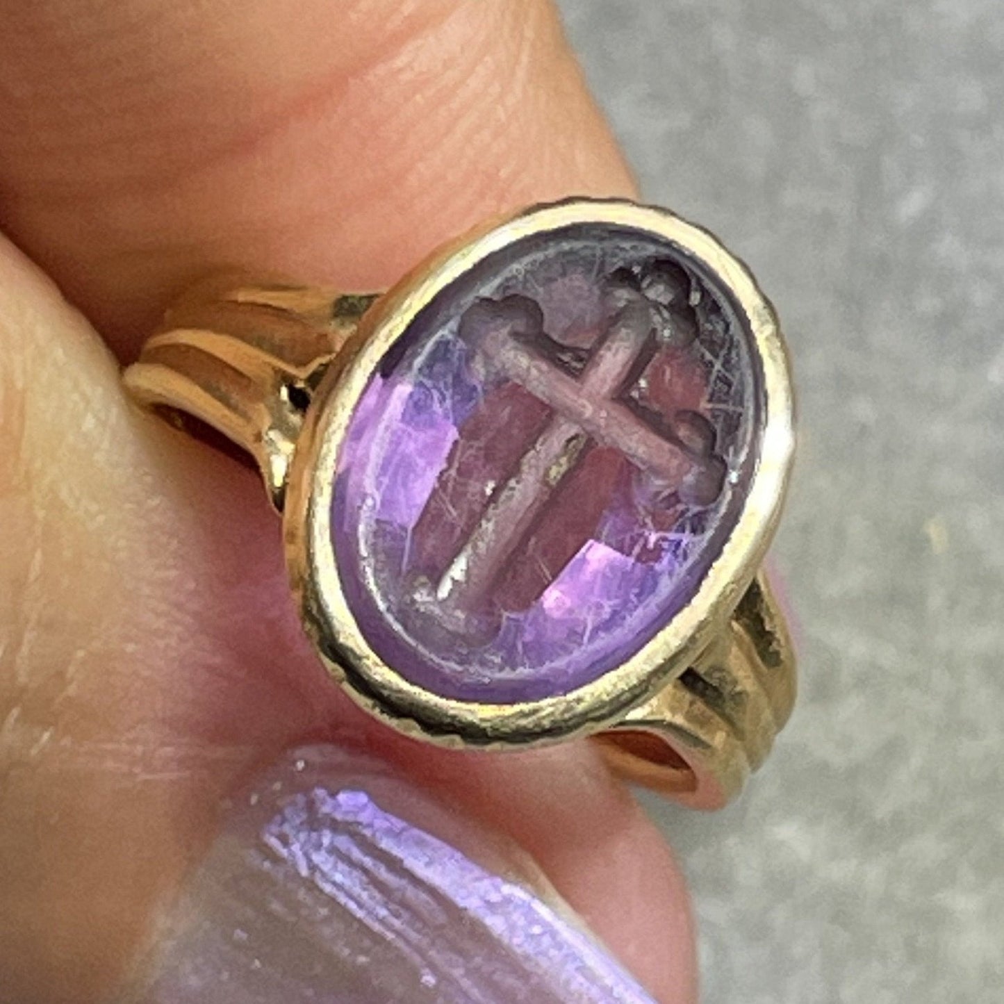 14k Yellow Gold Carved Amethyst Victorian Cross Ring. Gothic